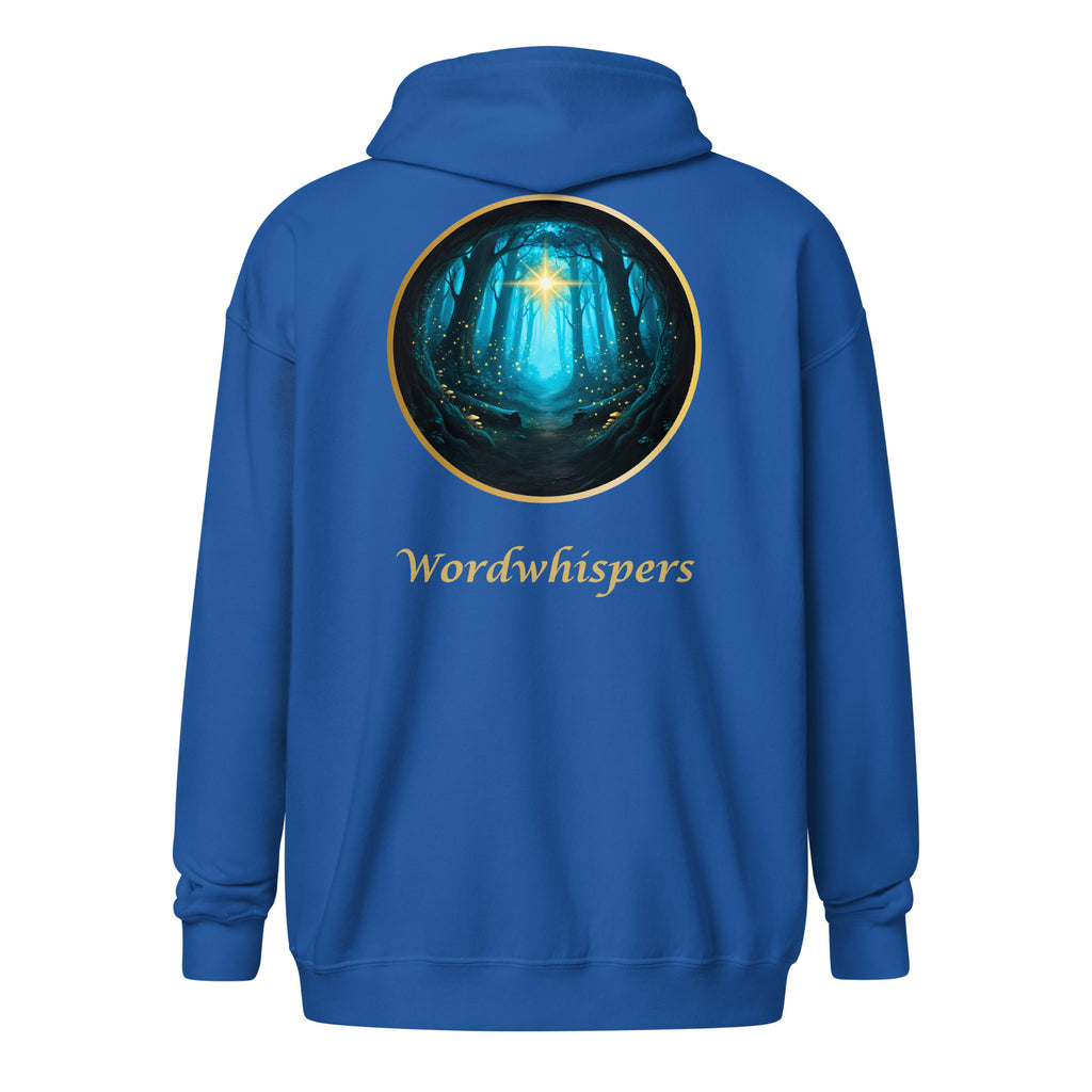 Book lover zip hoodie with glimmer of light design in royal