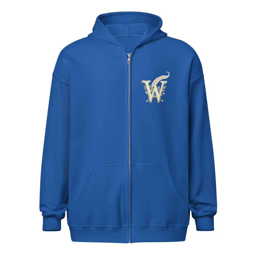 Glimmer of Light unisex literary zip hoodie, front view — soft fleece with Glimmer of Light design and full zip closure — royal