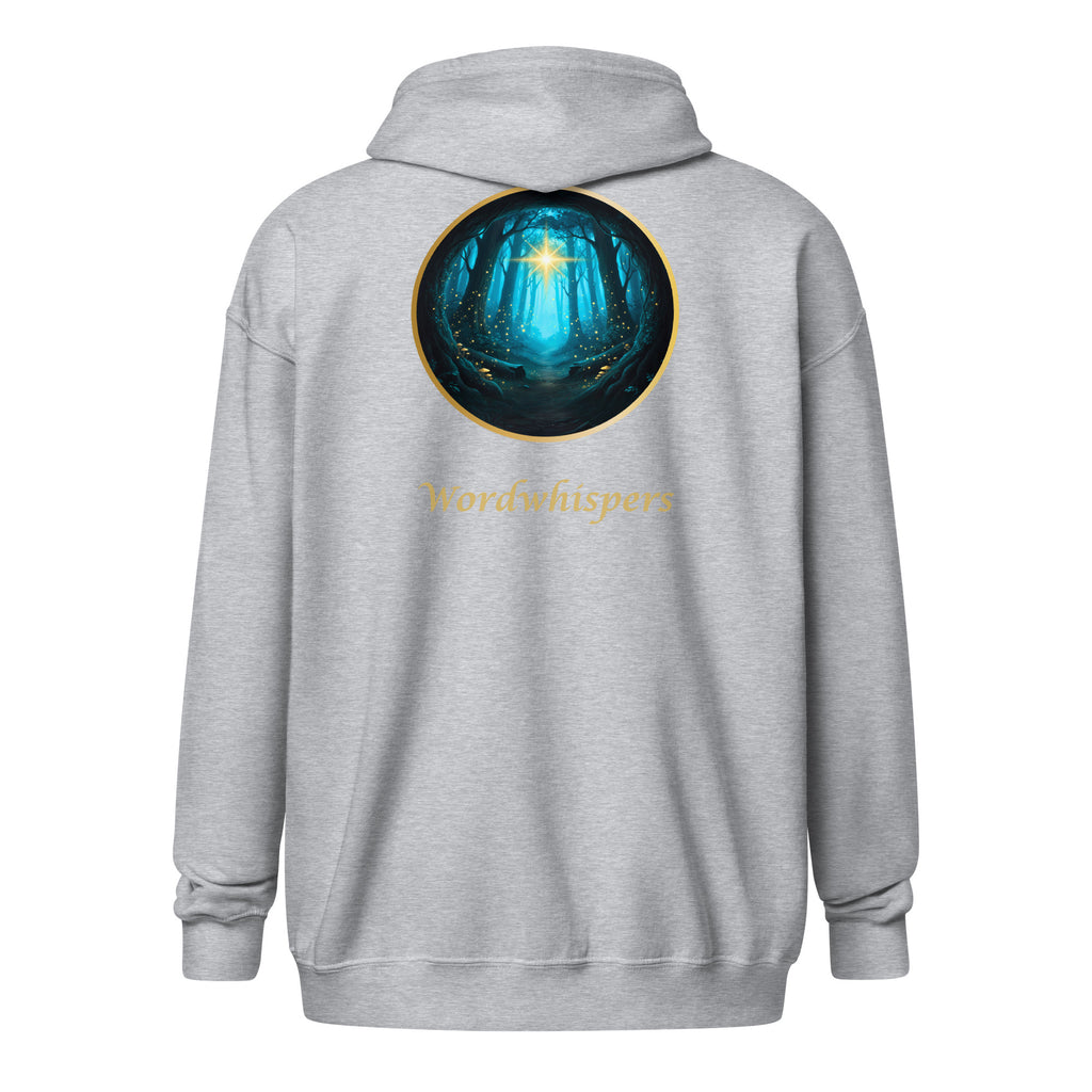 Glimmer of Light Zip Hoodie — unisex literary apparel by Wordwhispers, showing back with Glimmer emblem in sport grey