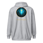 Glimmer of Light Zip Hoodie — unisex literary apparel by Wordwhispers, showing back with Glimmer emblem in sport grey