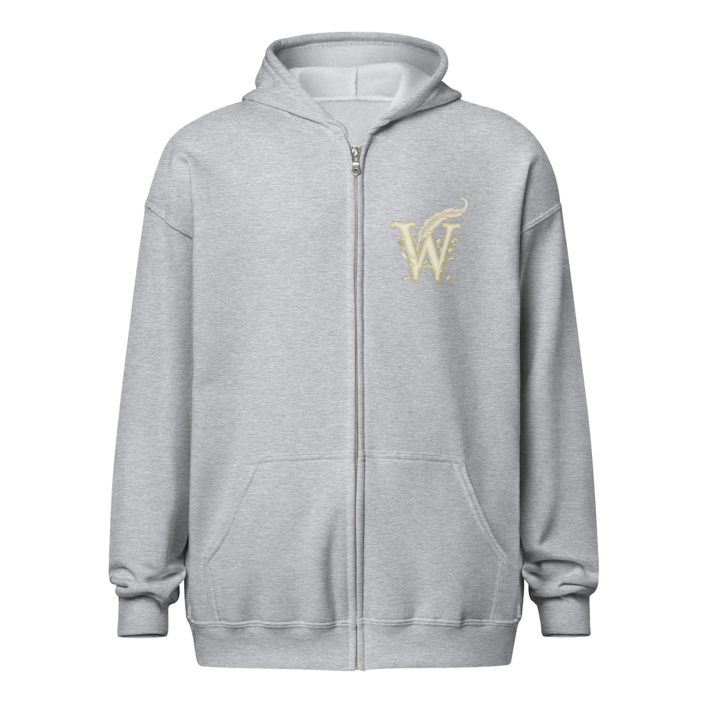 Glimmer of Light unisex literary zip hoodie, front view — soft fleece with Glimmer of Light design and full zip closure — sport grey