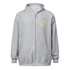 Glimmer of Light unisex literary zip hoodie, front view — soft fleece with Glimmer of Light design and full zip closure — sport grey