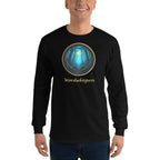 Glimmer of Light long sleeve shirt featuring a gold-bordered forest scene with a glowing light in black