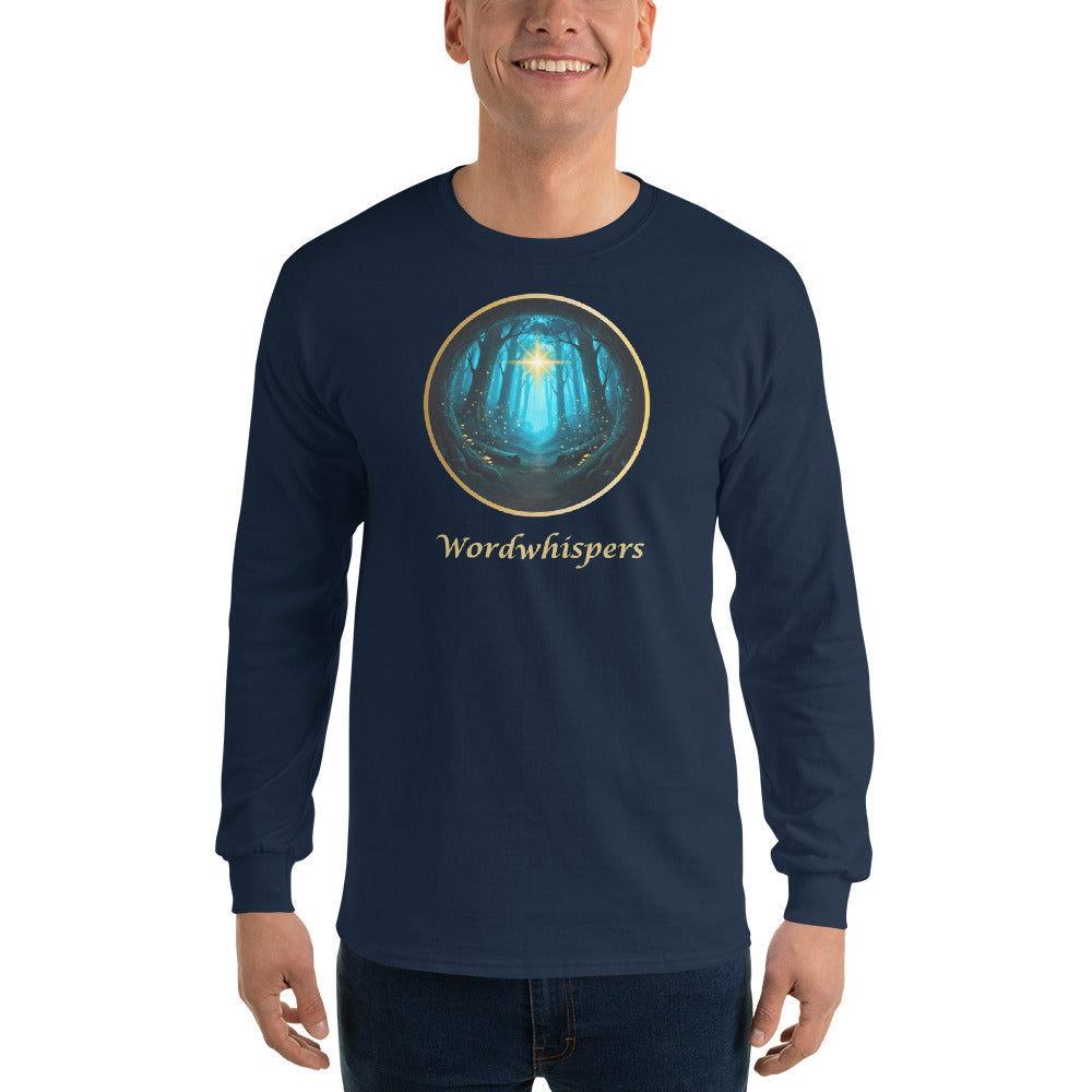 Glimmer of Light long sleeve shirt featuring a gold-bordered forest scene with a glowing light in navy