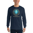 Glimmer of Light long sleeve shirt featuring a gold-bordered forest scene with a glowing light in navy