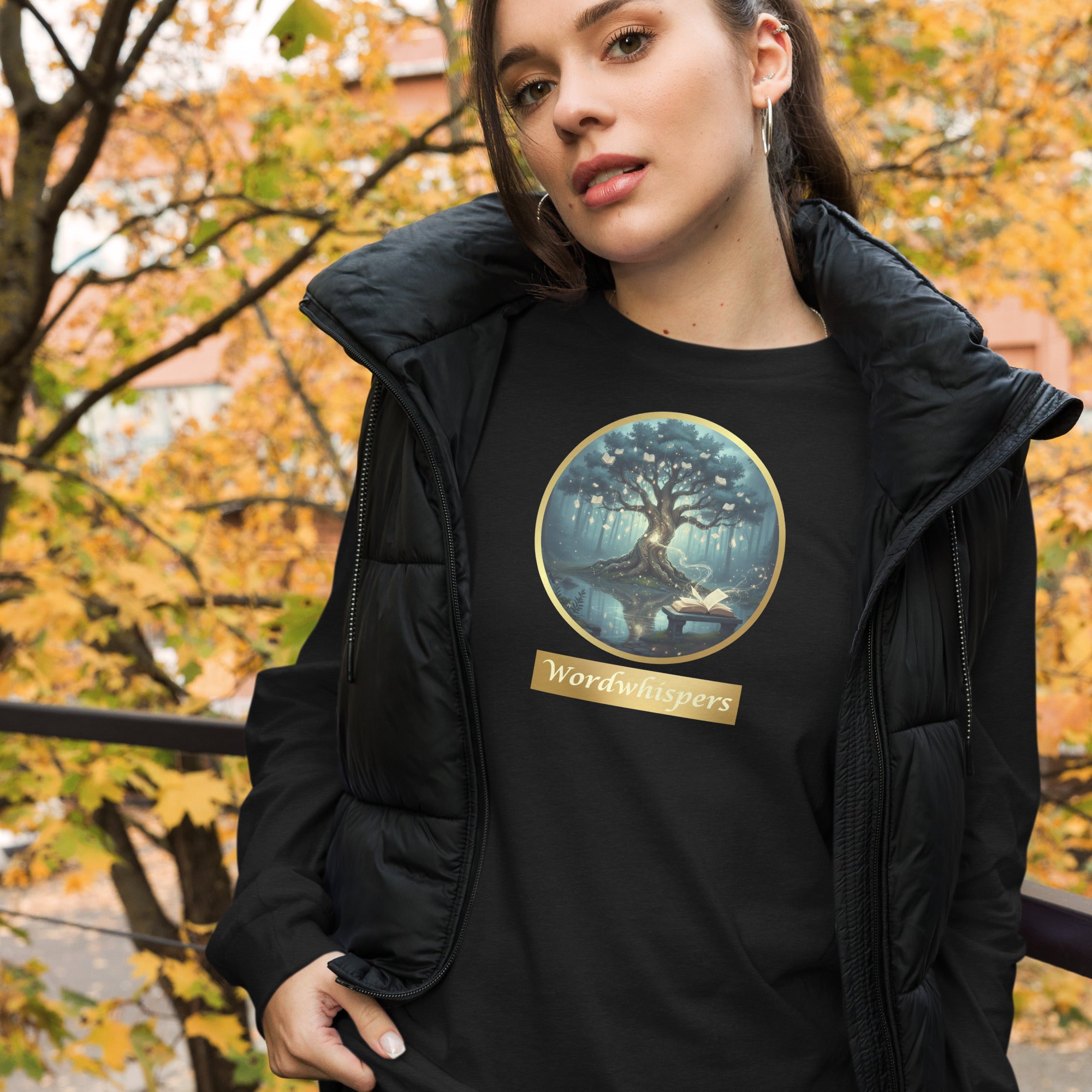 Mystical Tree Gold Ribbon unisex long sleeve t-shirt, front view — soft cotton tee with glowing tree and gold ribbon design — black
