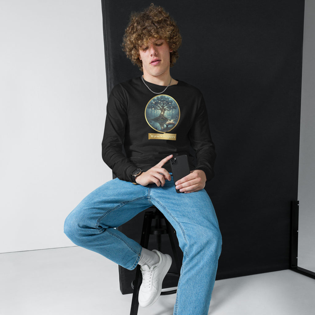 Mystical Tree Gold Ribbon unisex long sleeve t-shirt, front view — soft cotton tee with glowing tree and gold ribbon design — black