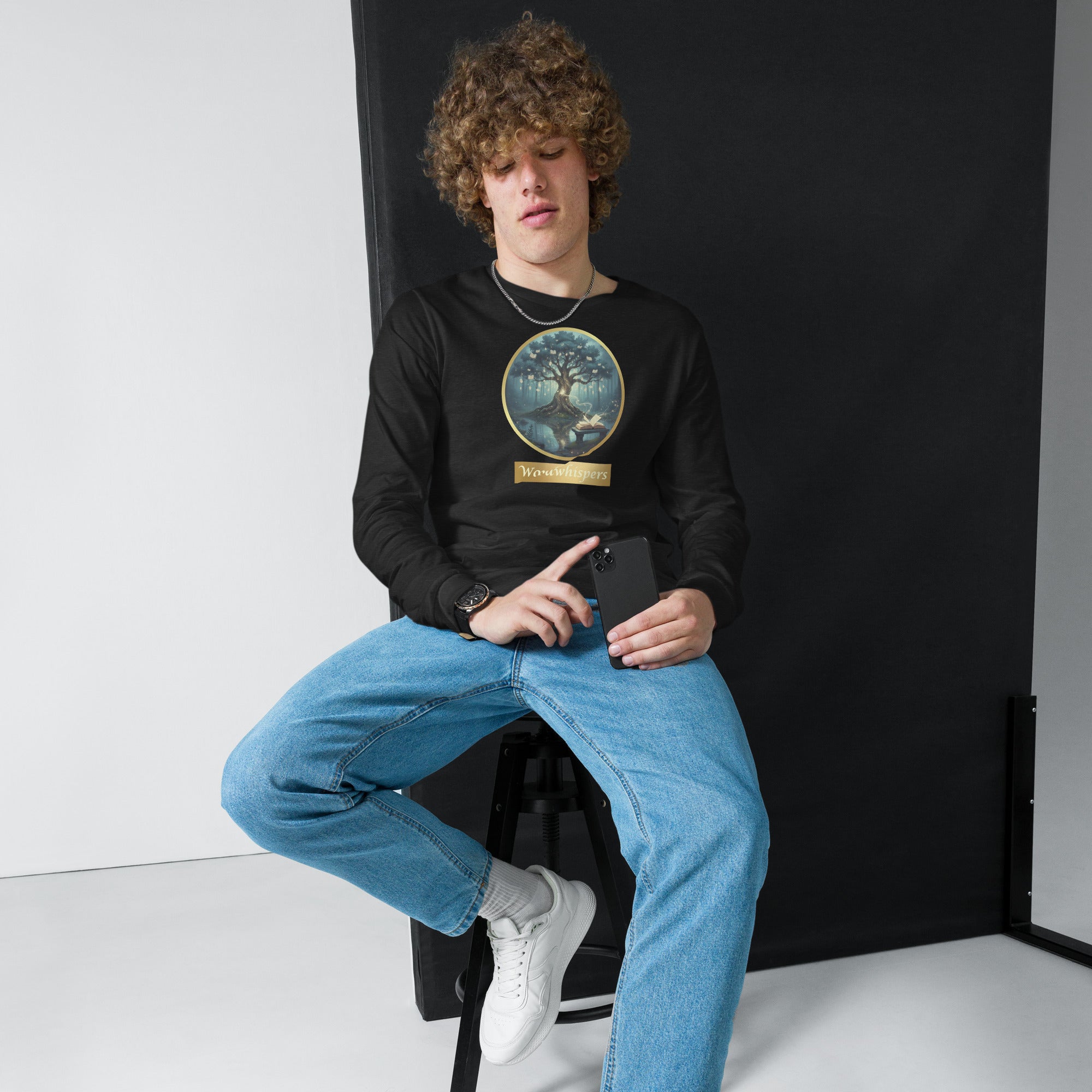 Mystical Tree Gold Ribbon unisex long sleeve t-shirt, front view — soft cotton tee with glowing tree and gold ribbon design — black