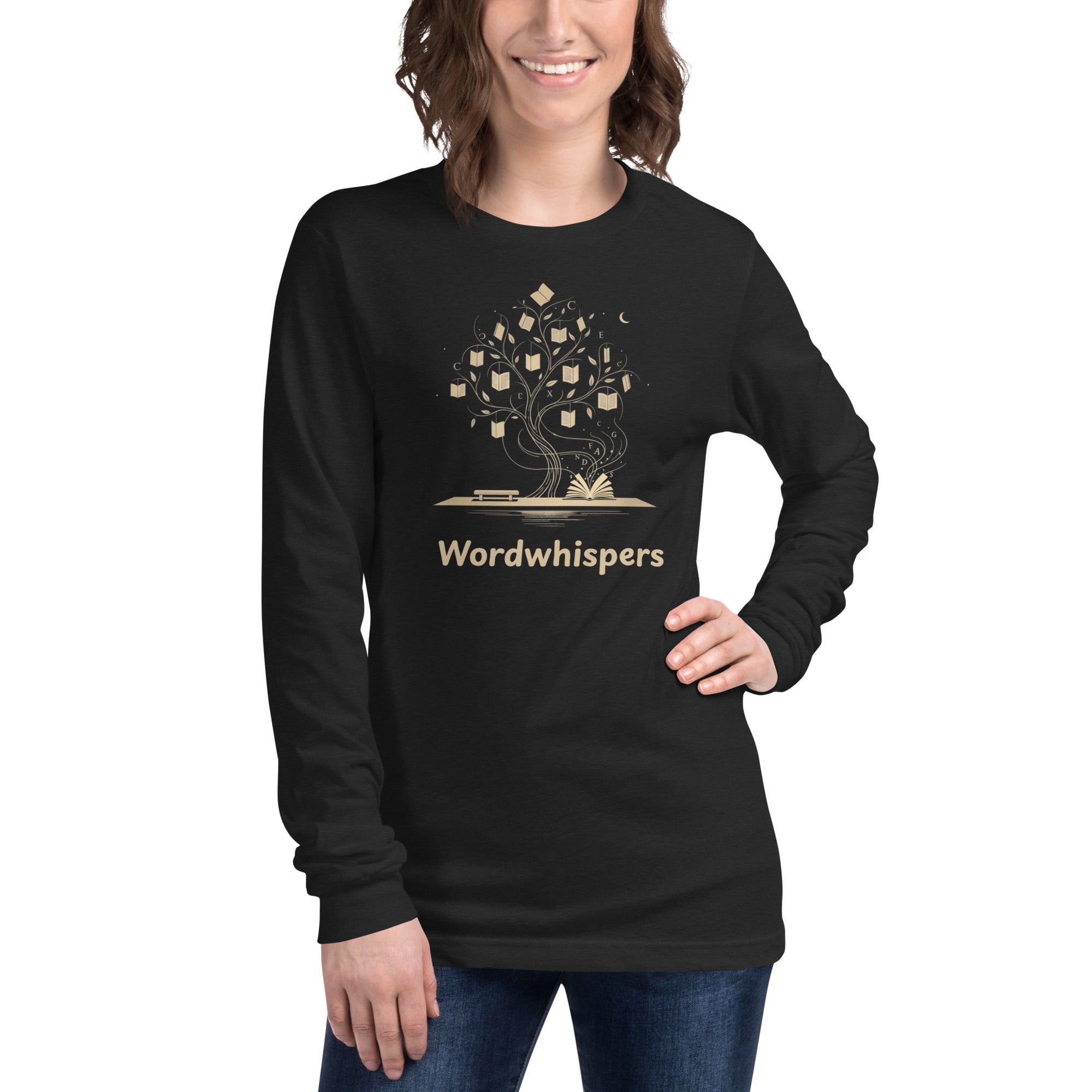 Literary long sleeve unisex t-shirt with Enchanted Tree Glowing Books design in Black Heather
