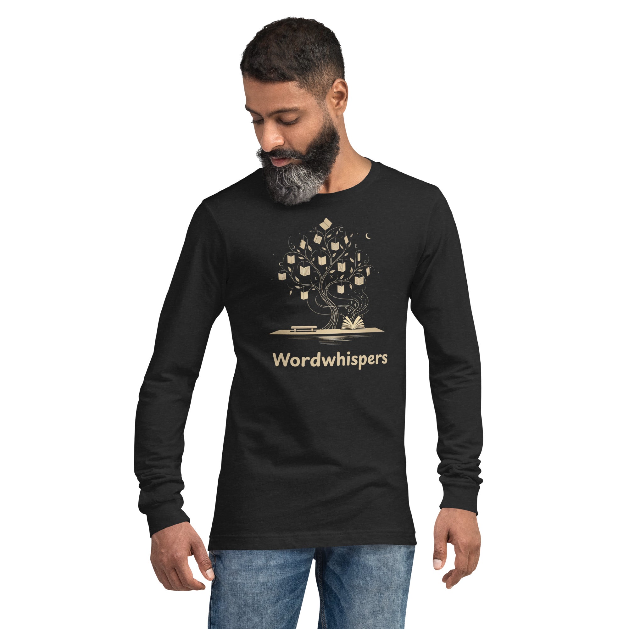 Literary long sleeve unisex t-shirt with Enchanted Tree Glowing Books design in Black Heather