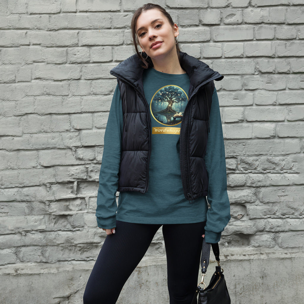 Mystical Tree Gold Ribbon unisex long sleeve t-shirt, front view — soft cotton tee with glowing tree and gold ribbon design — deep teal