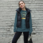 Mystical Tree Gold Ribbon unisex long sleeve t-shirt, front view — soft cotton tee with glowing tree and gold ribbon design — deep teal