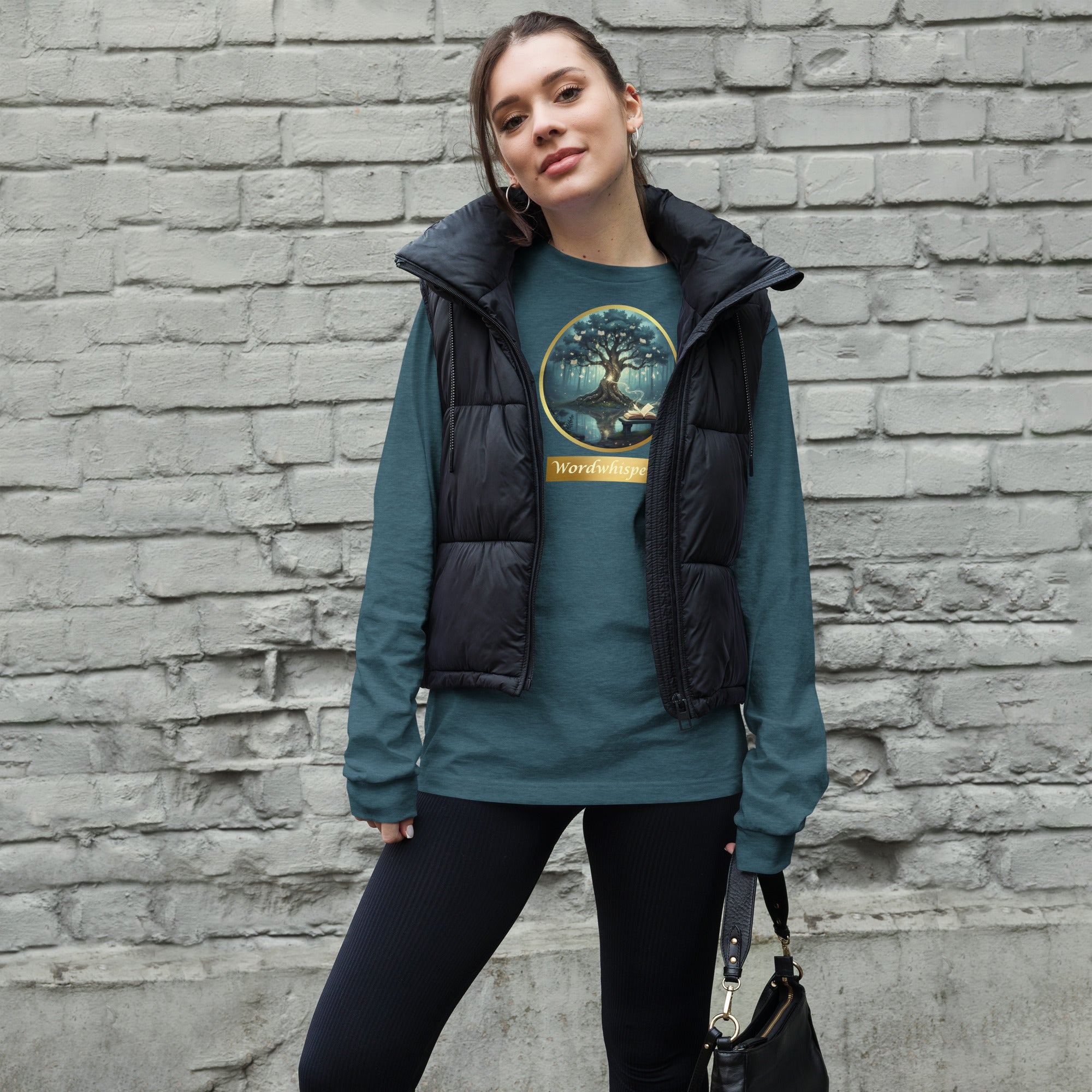Mystical Tree Gold Ribbon unisex long sleeve t-shirt, front view — soft cotton tee with glowing tree and gold ribbon design — deep teal
