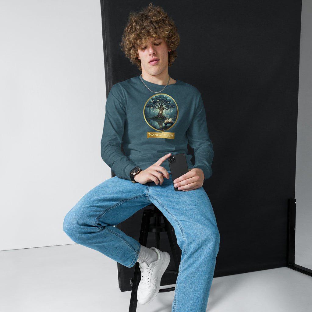 Mystical Tree Gold Ribbon unisex long sleeve t-shirt, front view — soft cotton tee with glowing tree and gold ribbon design — deep teal