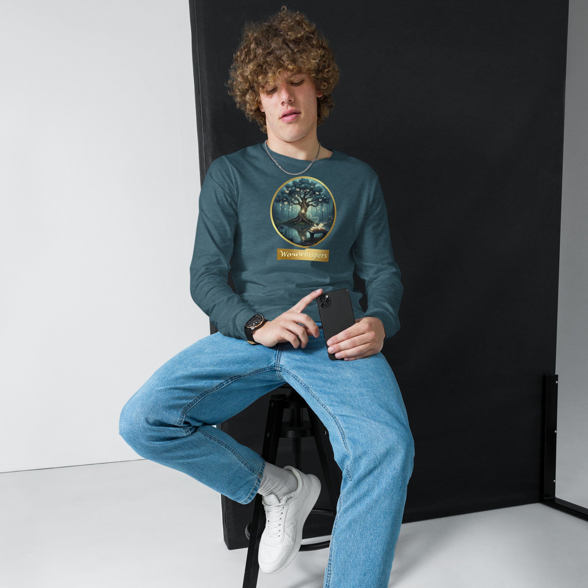 Mystical Tree Gold Ribbon unisex long sleeve t-shirt, front view — soft cotton tee with glowing tree and gold ribbon design — deep teal