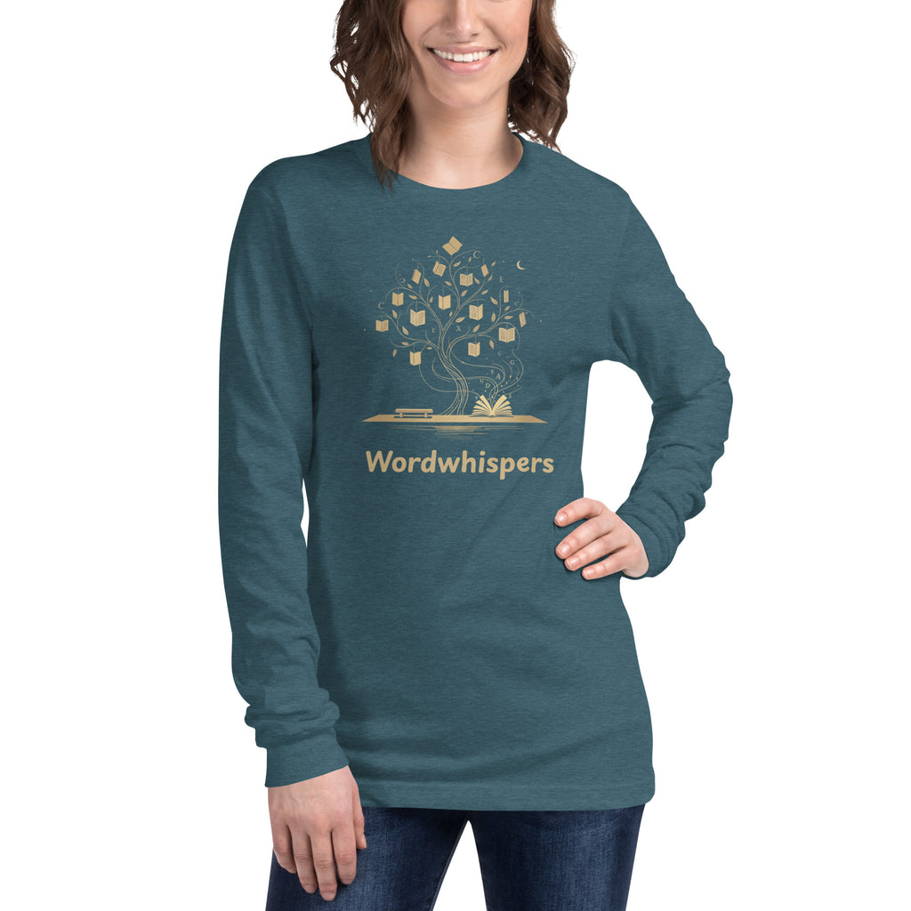Literary long sleeve unisex t-shirt with Enchanted Tree Glowing Books design in Deep Teal