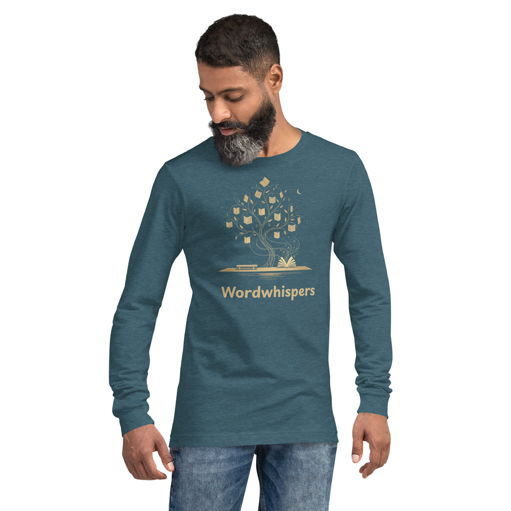 Literary long sleeve unisex t-shirt with Enchanted Tree Glowing Books design in Deep Teal