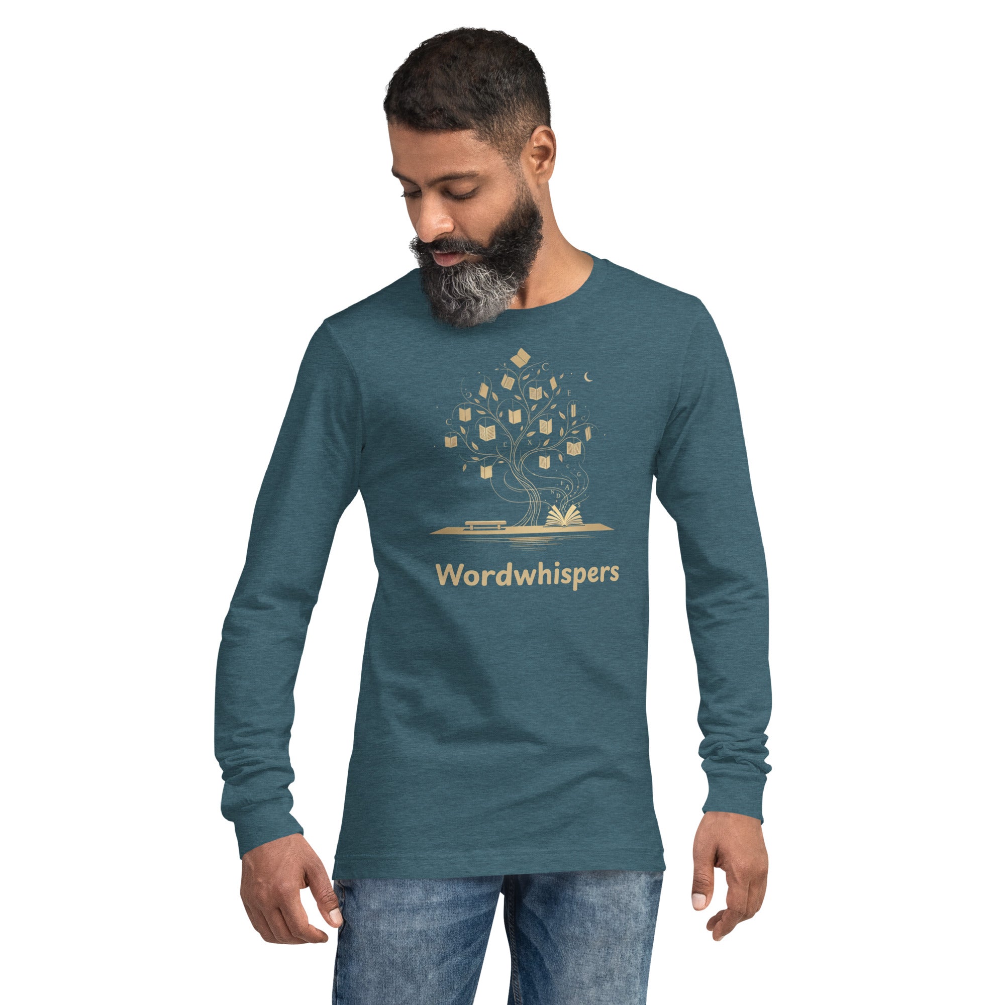 Literary long sleeve unisex t-shirt with Enchanted Tree Glowing Books design in Deep Teal