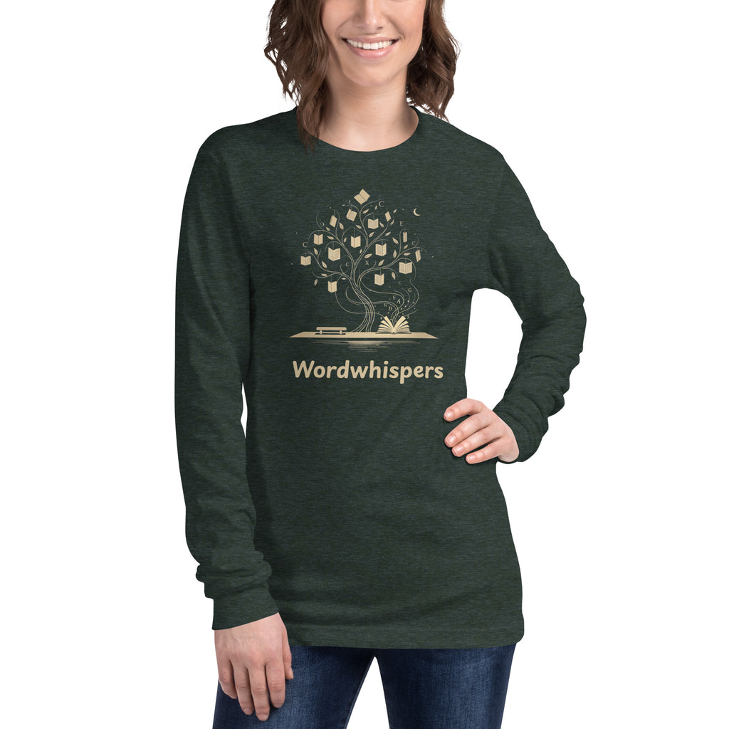 Literary long sleeve unisex t-shirt with Enchanted Tree Glowing Books design in Heather Forest