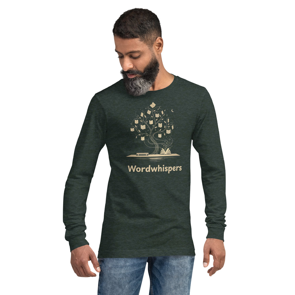 Literary long sleeve unisex t-shirt with Enchanted Tree Glowing Books design in Heather Forest