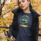 Mystical Tree Gold Ribbon unisex long sleeve t-shirt, front view — soft cotton tee with glowing tree and gold ribbon design — heather navy
