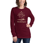 Literary long sleeve unisex t-shirt with Enchanted Tree Glowing Books design in Maroon

