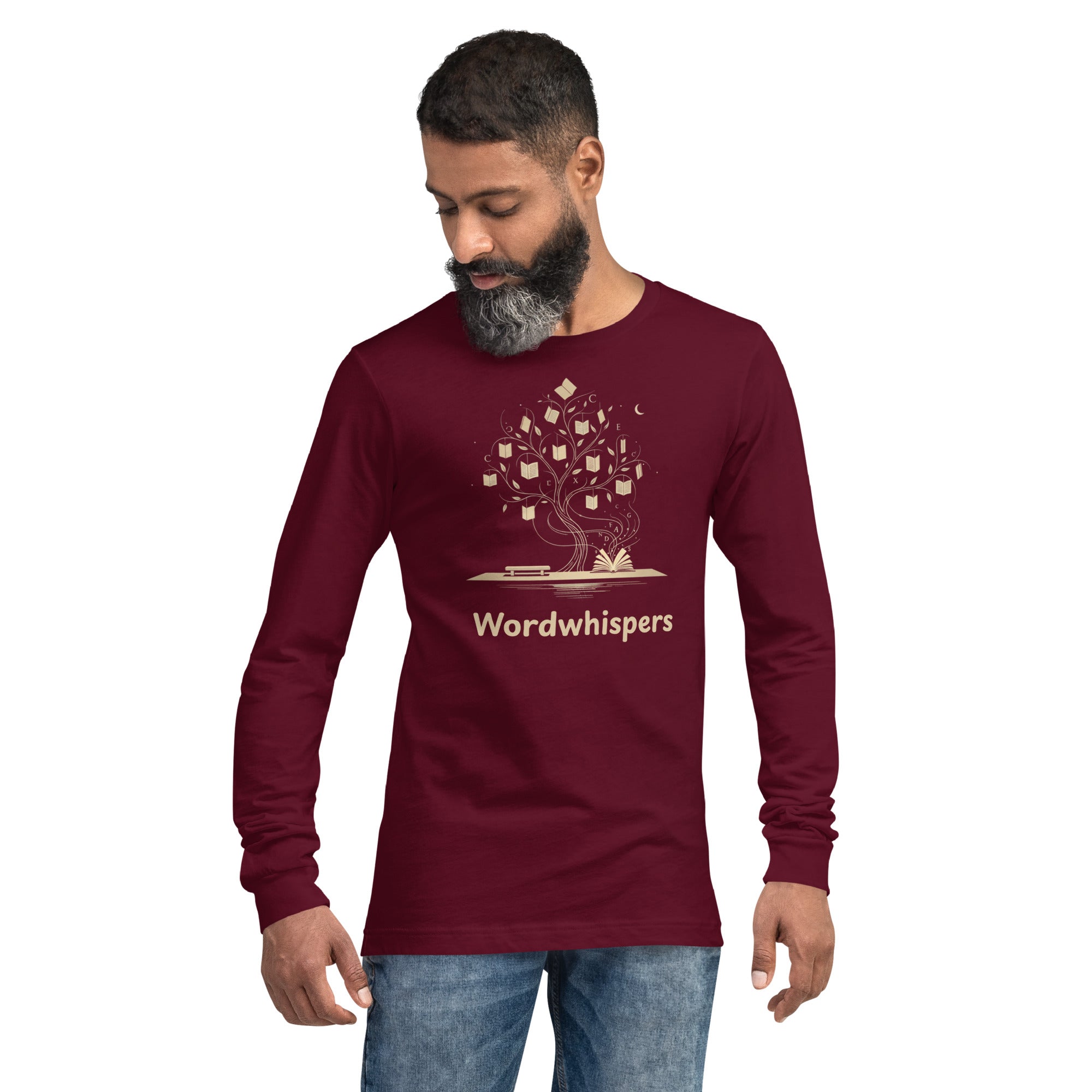 Literary long sleeve unisex t-shirt with Enchanted Tree Glowing Books design in Maroon

