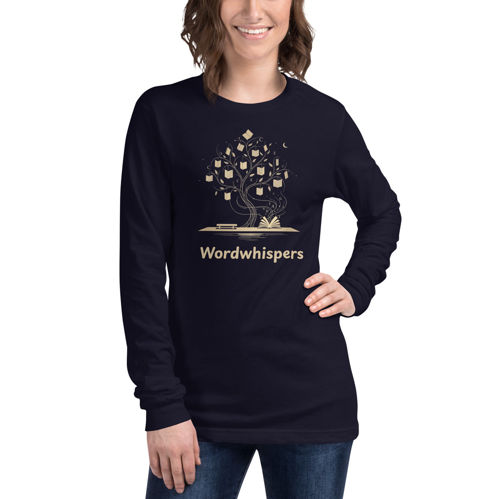 Literary long sleeve unisex t-shirt with Enchanted Tree Glowing Books design in Navy
