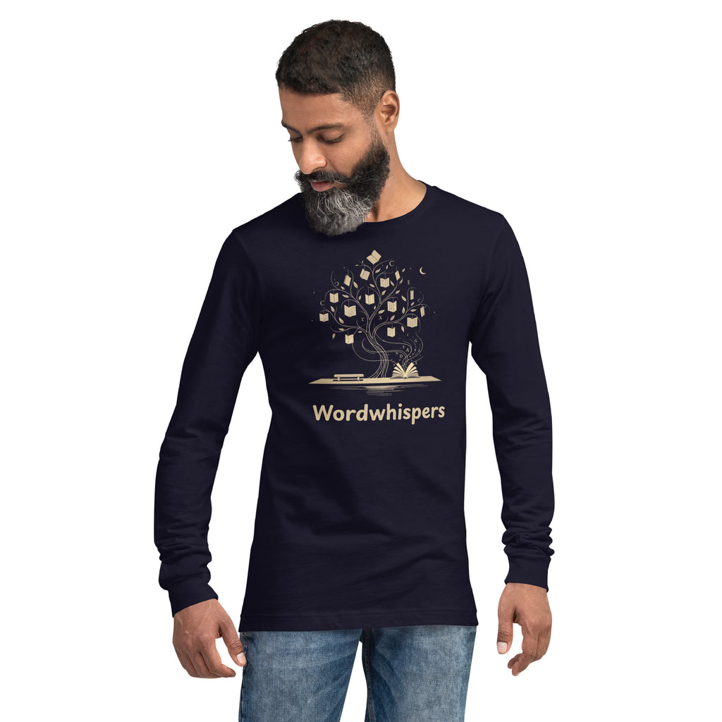 Literary long sleeve unisex t-shirt with Enchanted Tree Glowing Books design in Navy