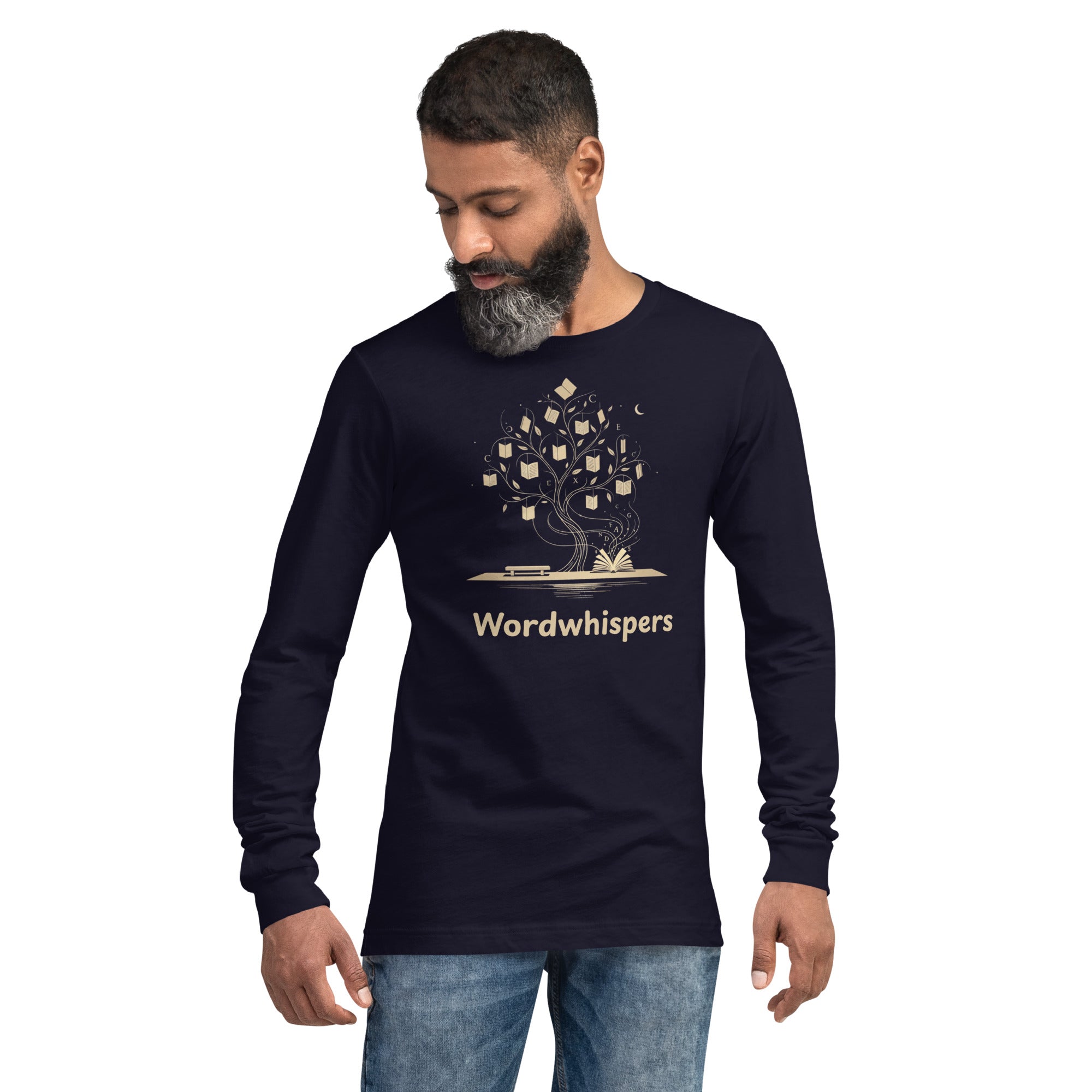 Literary long sleeve unisex t-shirt with Enchanted Tree Glowing Books design in Navy