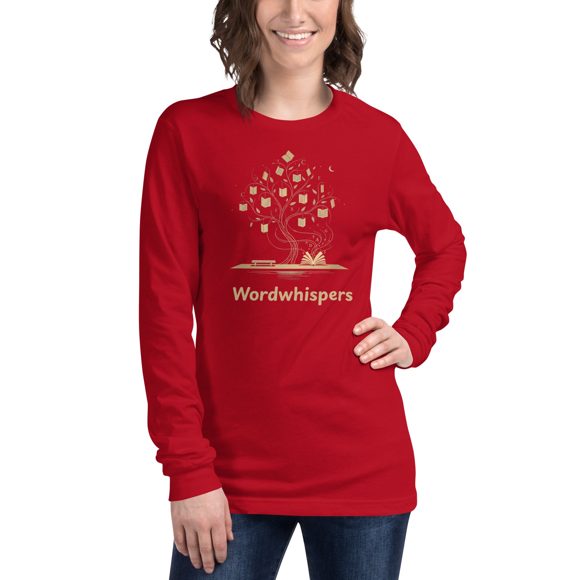 Literary long sleeve unisex t-shirt with Enchanted Tree Glowing Books design in Red