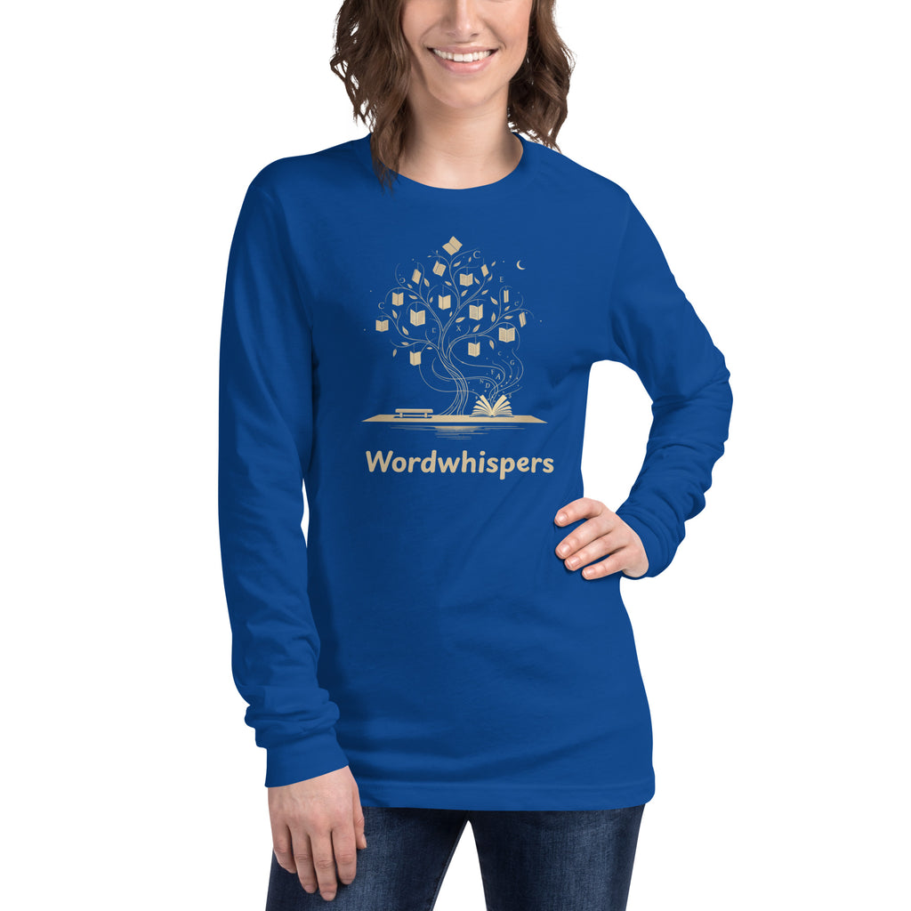 Literary long sleeve unisex t-shirt with Enchanted Tree Glowing Books design in True Royal