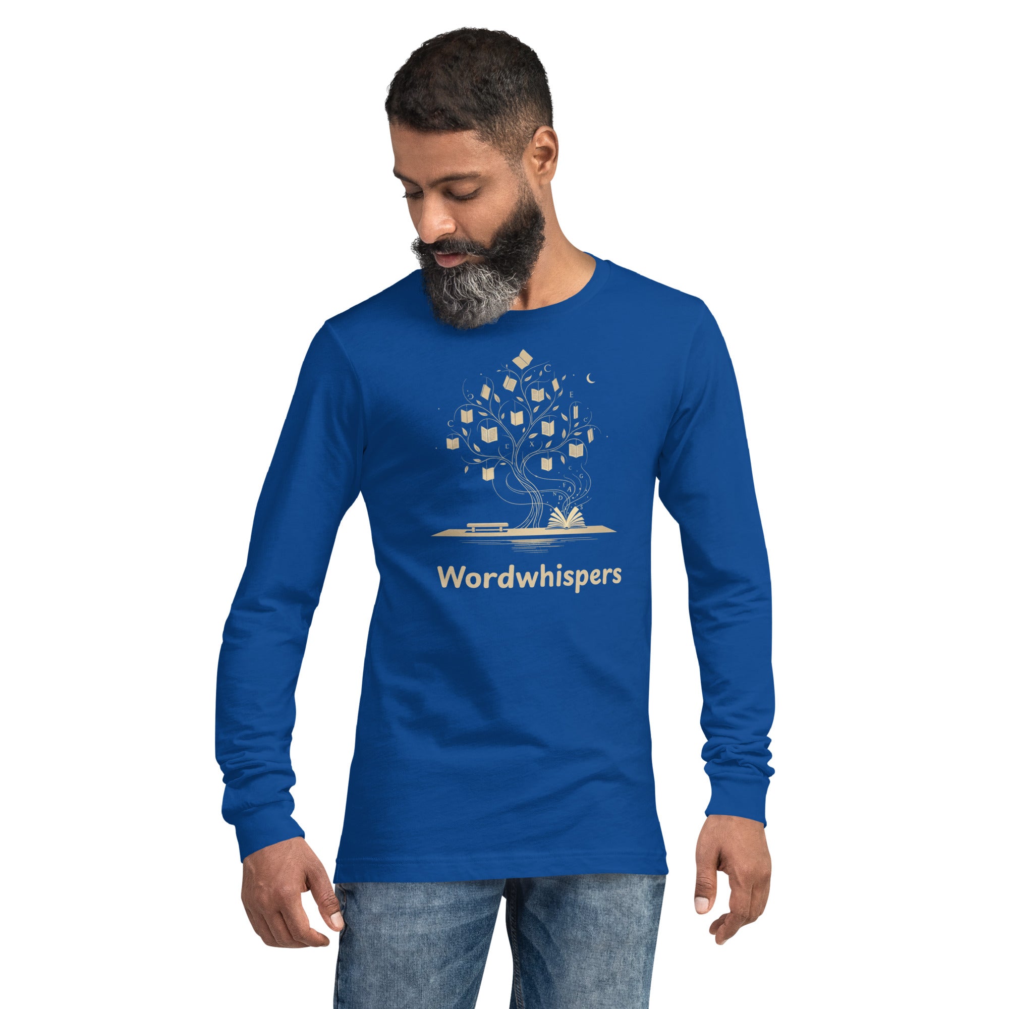 Literary long sleeve unisex t-shirt with Enchanted Tree Glowing Books design in True Royal