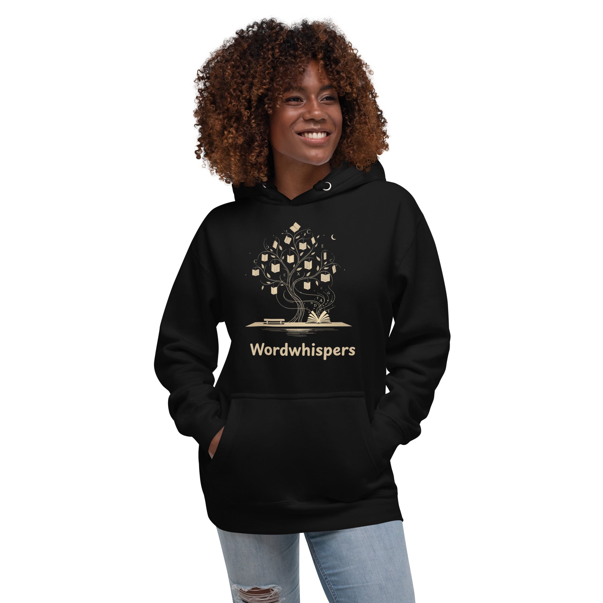 Literary ultra soft unisex hoodie with Enchanted Tree Glowing Books design in black