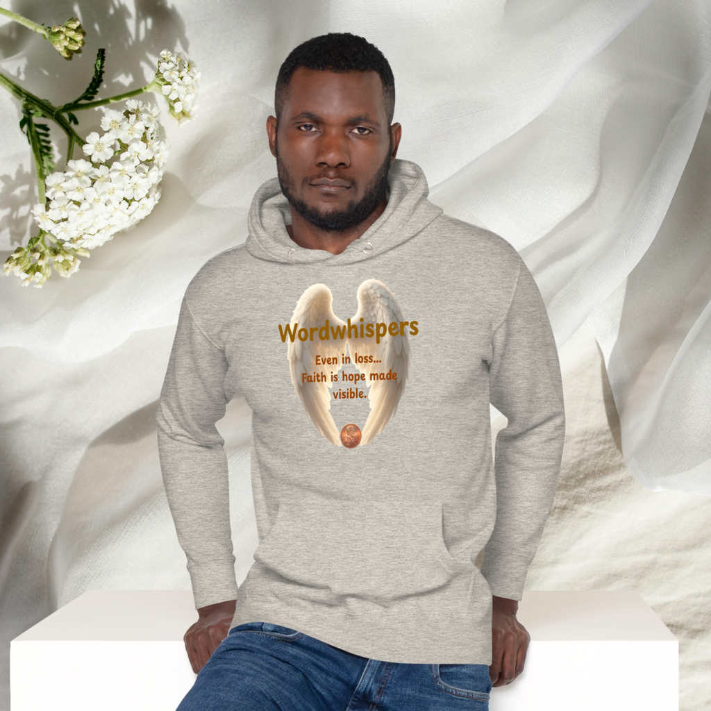 Pennies From Heaven unisex pullover hoodie, front view, with angel wings and penny design, in carbon grey