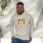 Pennies From Heaven unisex pullover hoodie, front view, with angel wings and penny design, in carbon grey