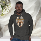 Pennies From Heaven unisex pullover hoodie, front view, with angel wings and penny design, in charcoal heather