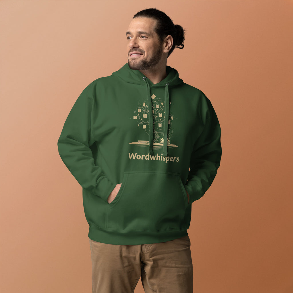 Literary ultra soft unisex hoodie with Enchanted Tree Glowing Books design in forest green