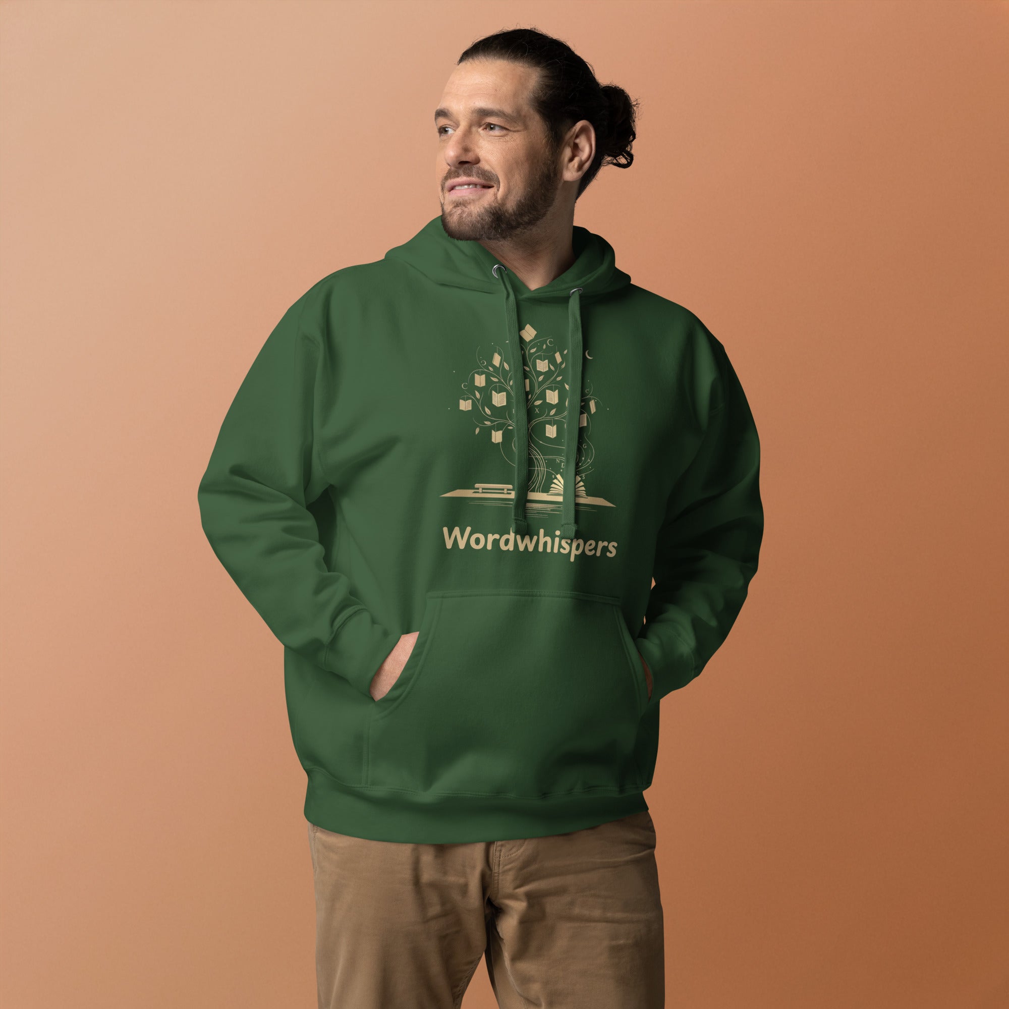 Literary ultra soft unisex hoodie with Enchanted Tree Glowing Books design in forest green