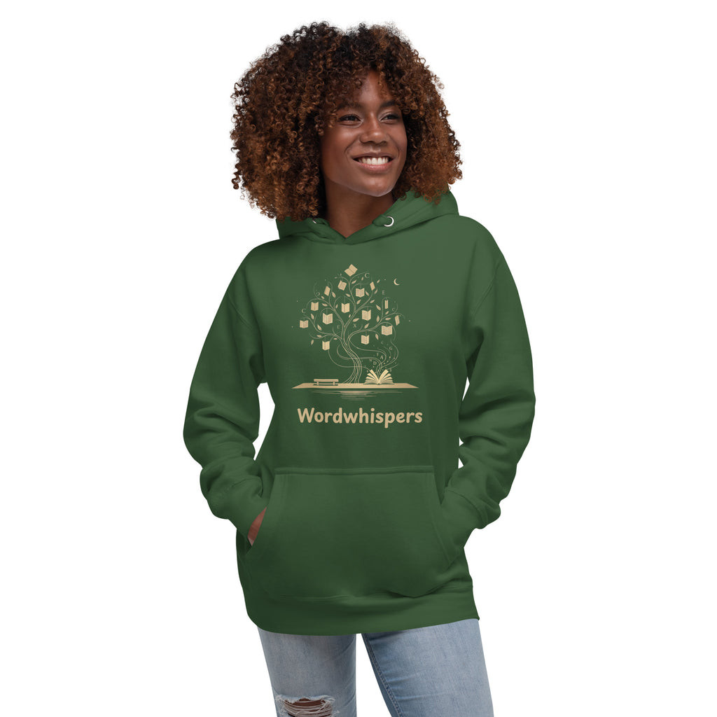 Literary ultra soft unisex hoodie with Enchanted Tree Glowing Books design in forest green