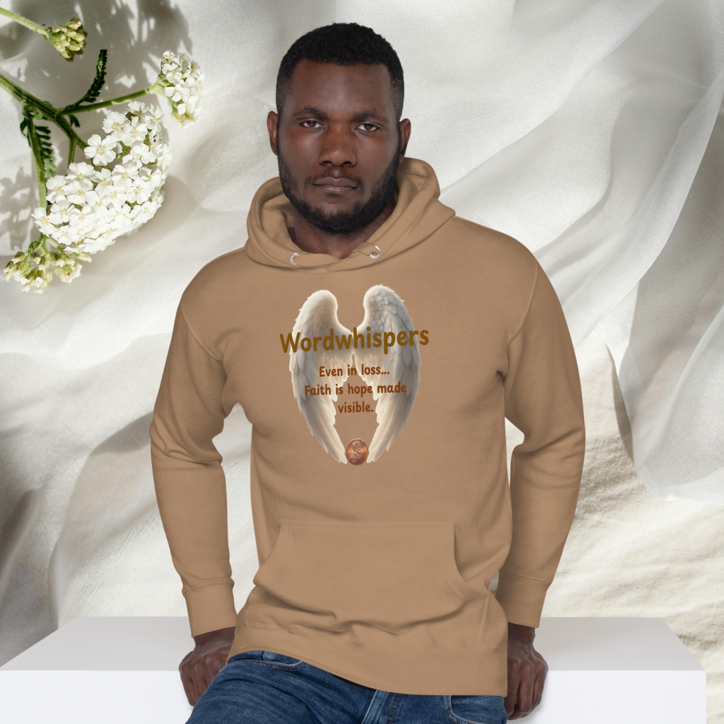 Pennies From Heaven unisex pullover hoodie, front view, with angel wings and penny design, in latte