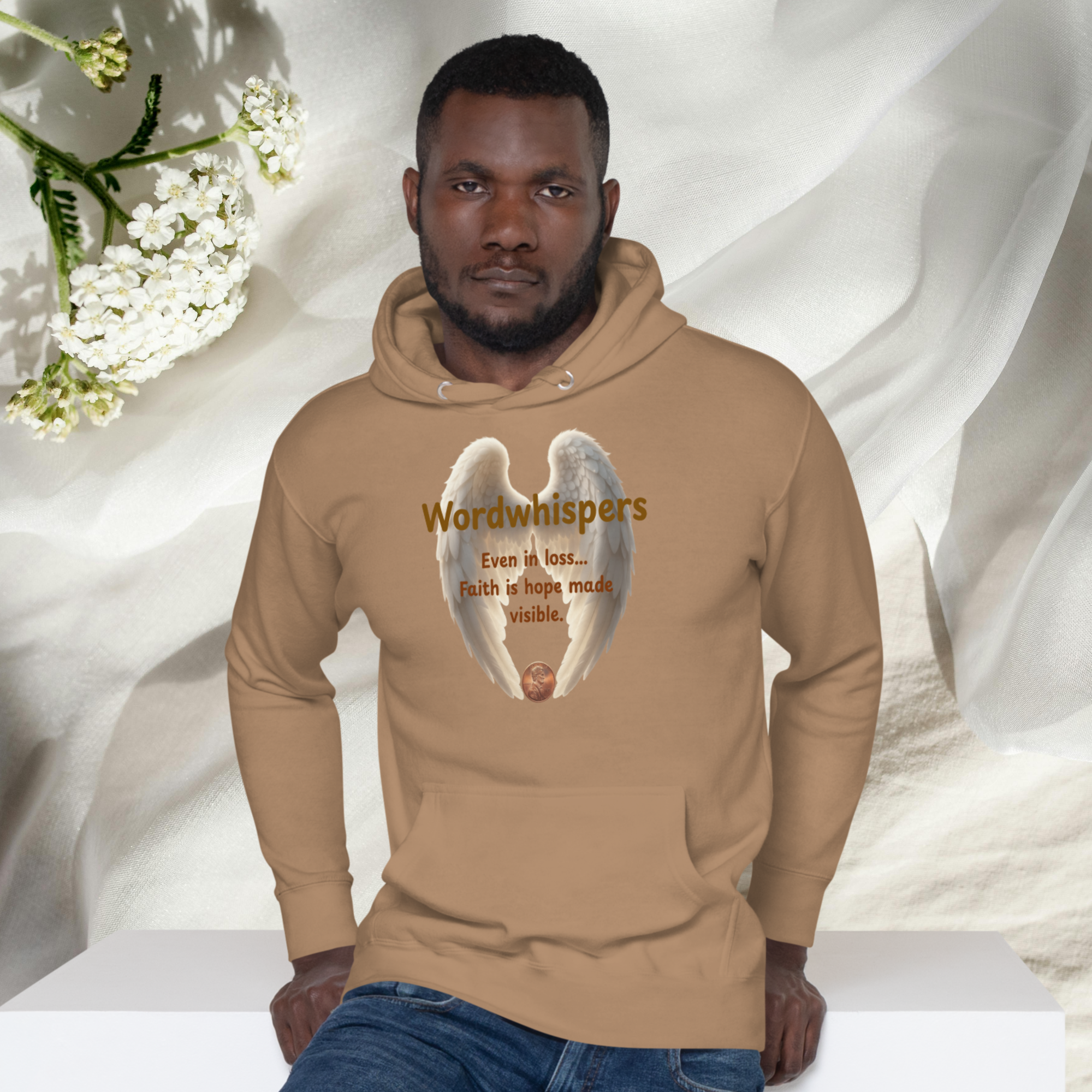 Pennies From Heaven unisex pullover hoodie, front view, with angel wings and penny design, in latte