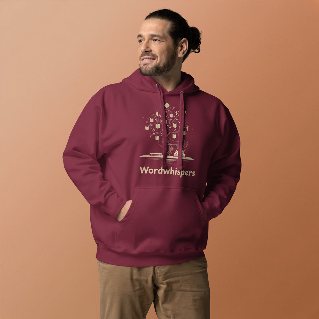 Literary ultra soft unisex hoodie with Enchanted Tree Glowing Books design in maroon
