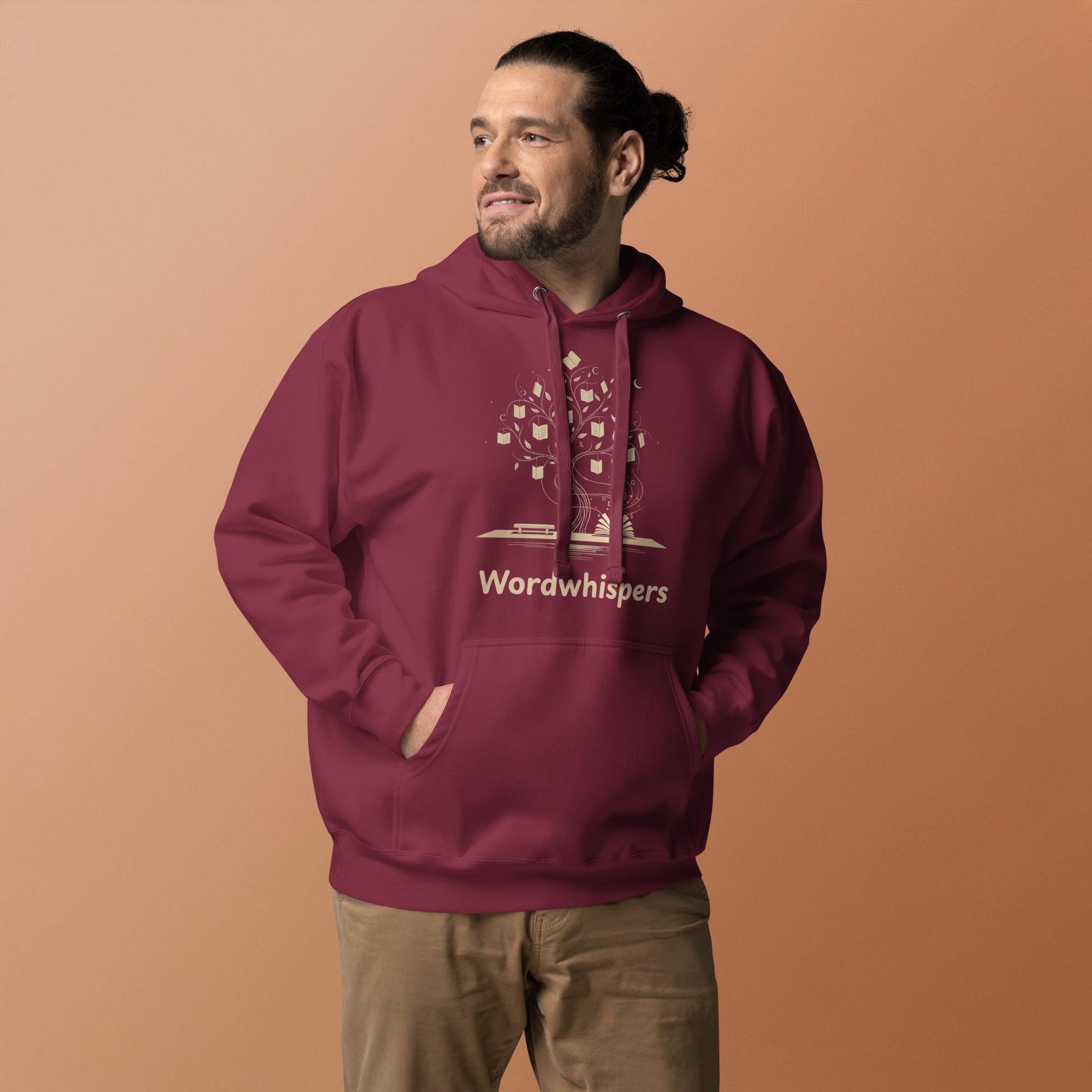 Literary ultra soft unisex hoodie with Enchanted Tree Glowing Books design in maroon