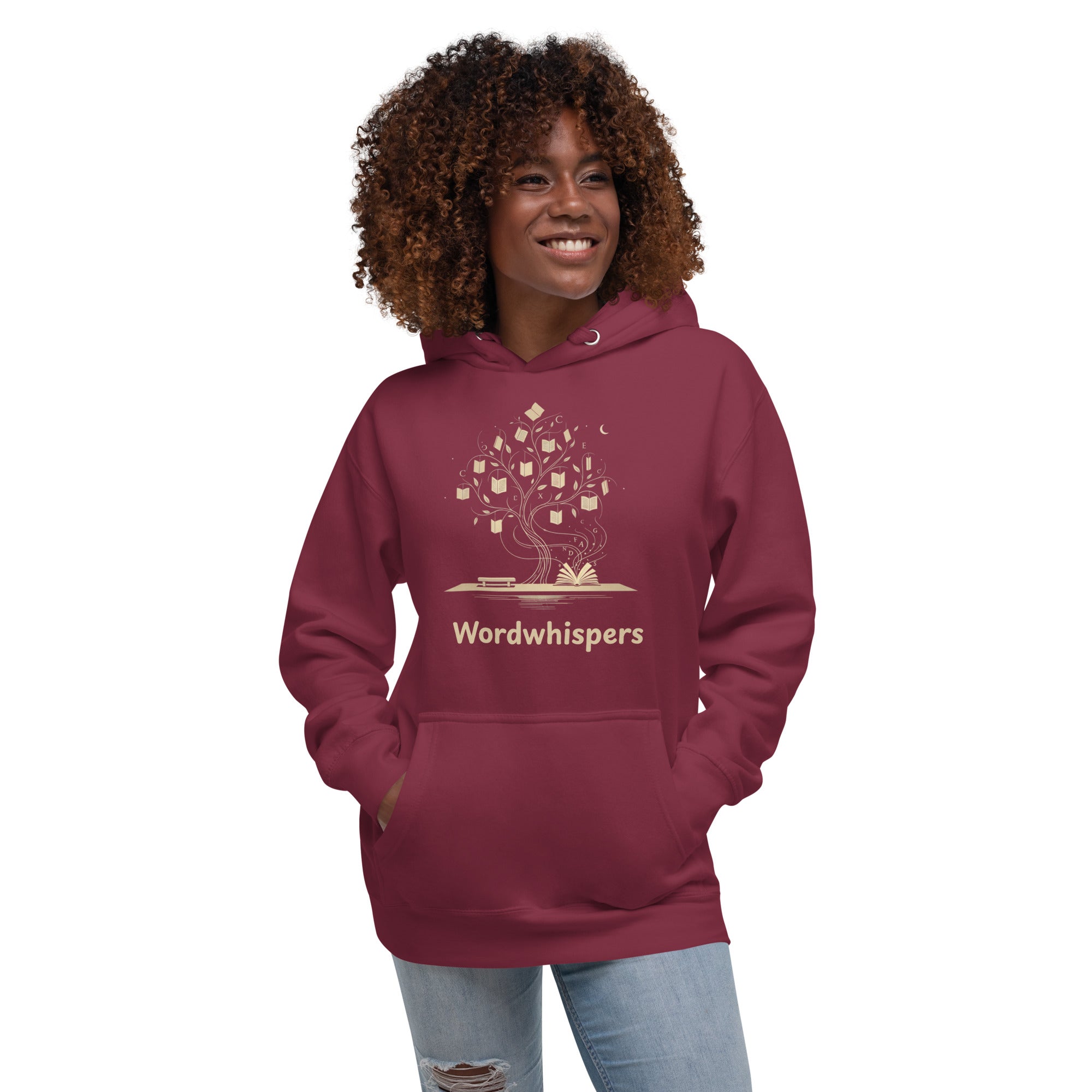 Literary ultra soft unisex hoodie with Enchanted Tree Glowing Books design in maroon