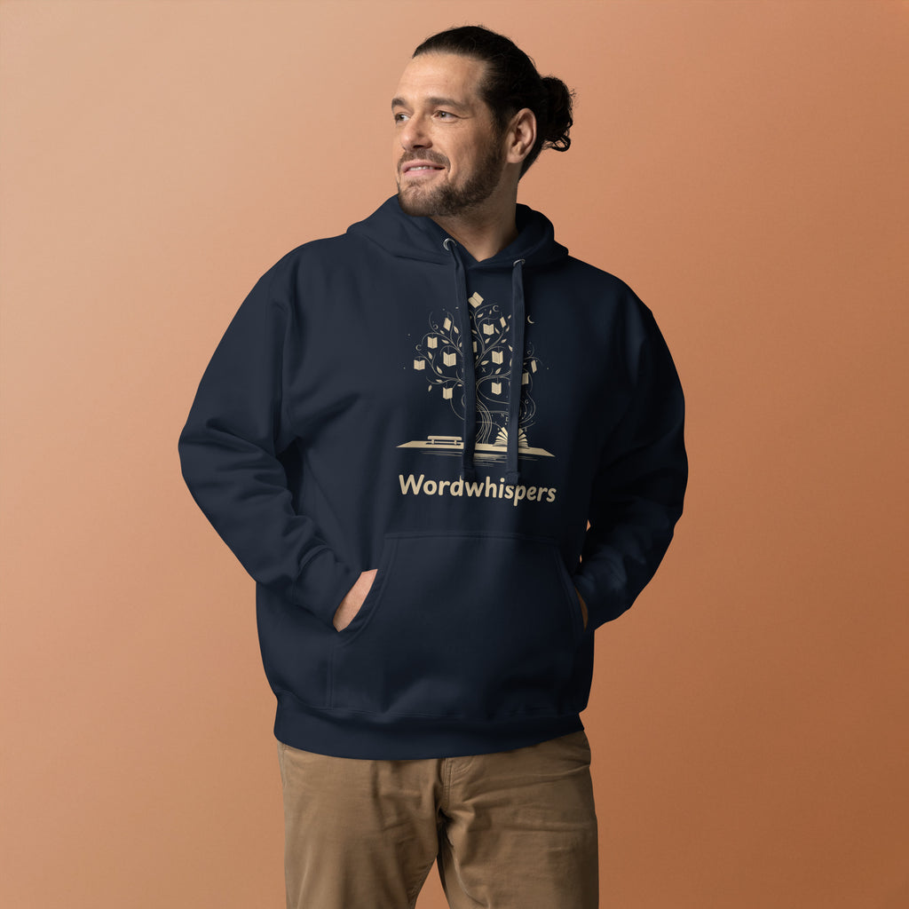 Literary ultra soft unisex hoodie with Enchanted Tree Glowing Books design in navy