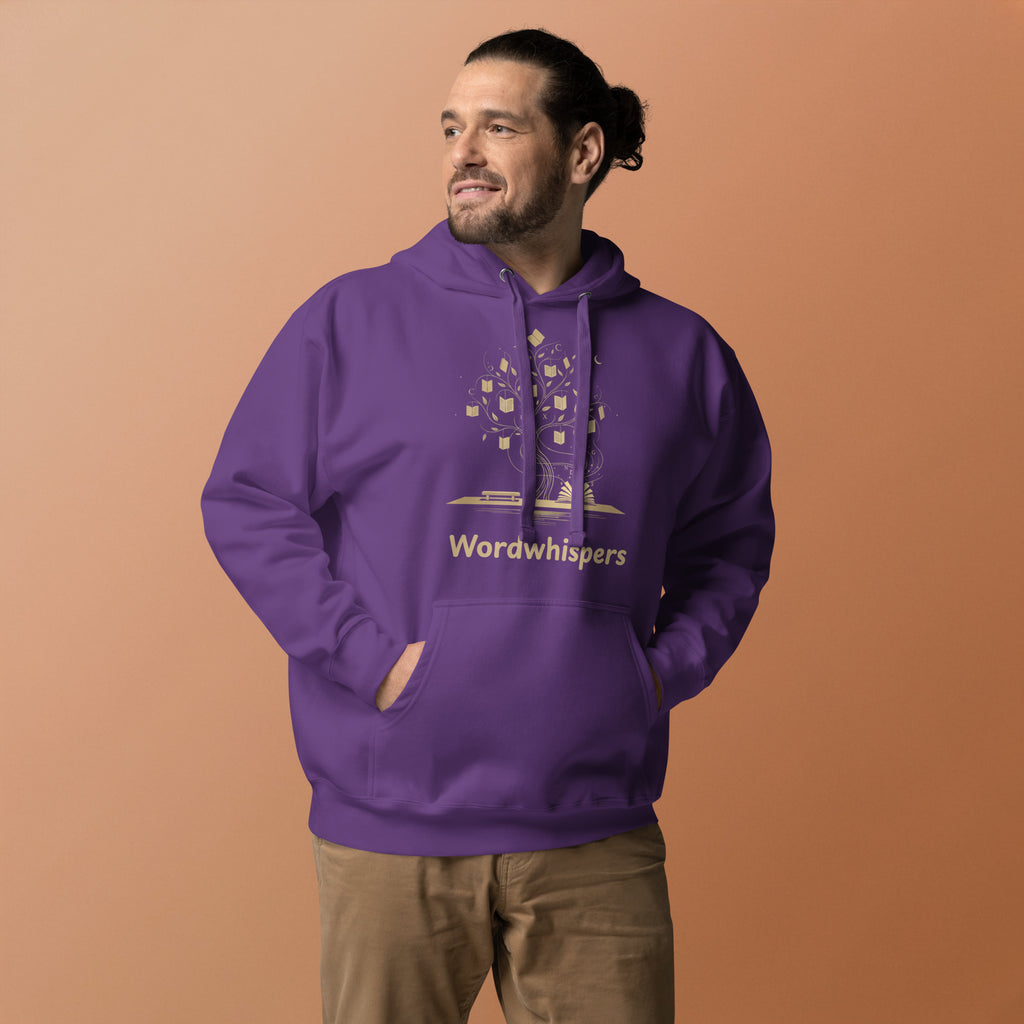 Literary ultra soft unisex hoodie with Enchanted Tree Glowing Books design in purple
