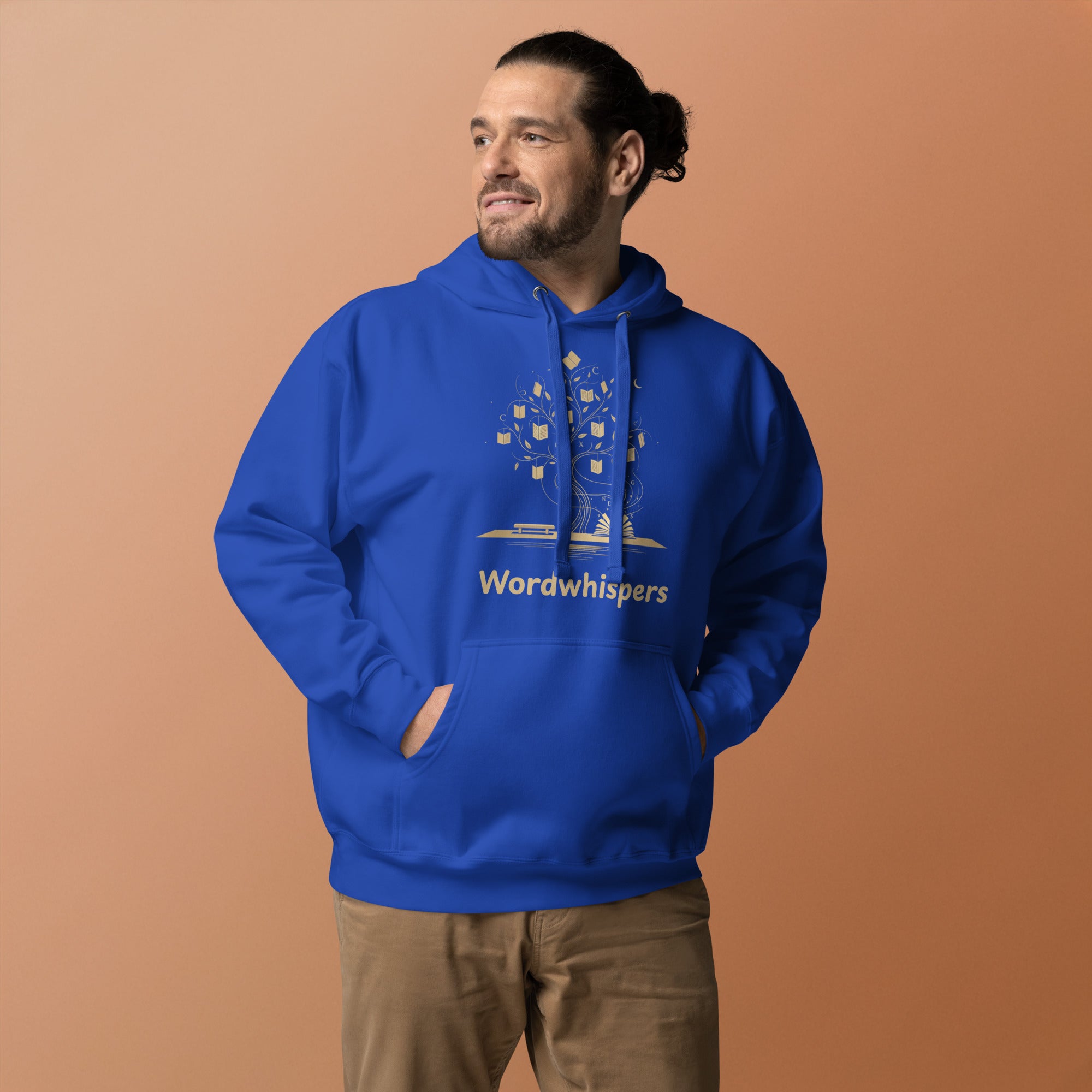 Literary ultra soft unisex hoodie with Enchanted Tree Glowing Books design in team royal