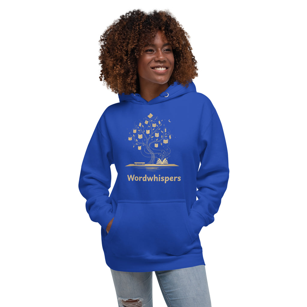 Literary ultra soft unisex hoodie with Enchanted Tree Glowing Books design in team royal