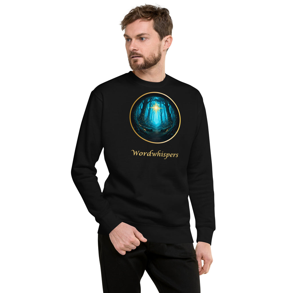 Glimmer of Light unisex literary premium sweatshirt, front view — soft cotton-blend with Glimmer of Light design — black